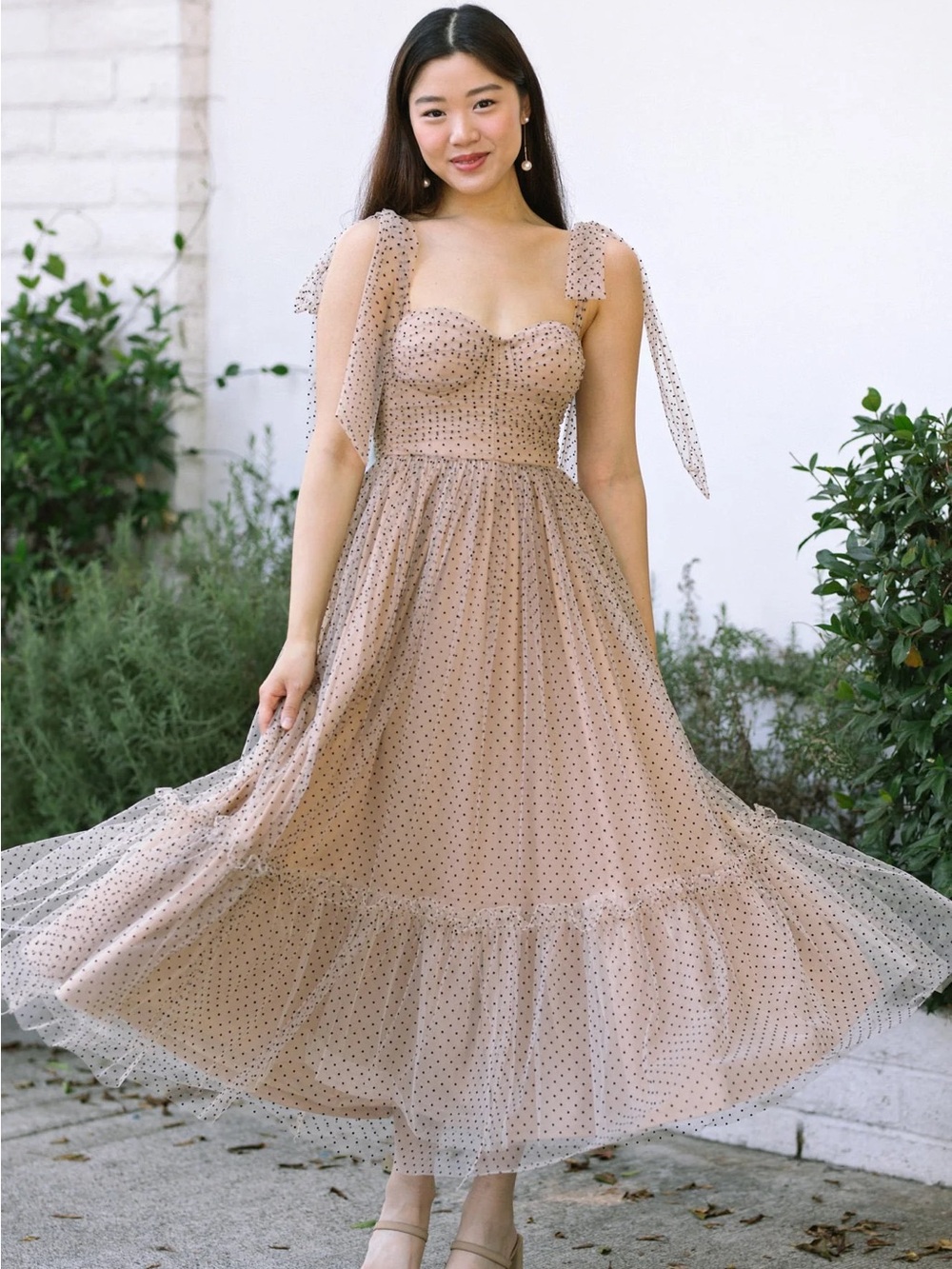 Polka Dot Tie-Shoulder Midi Dress in Nude/Blush